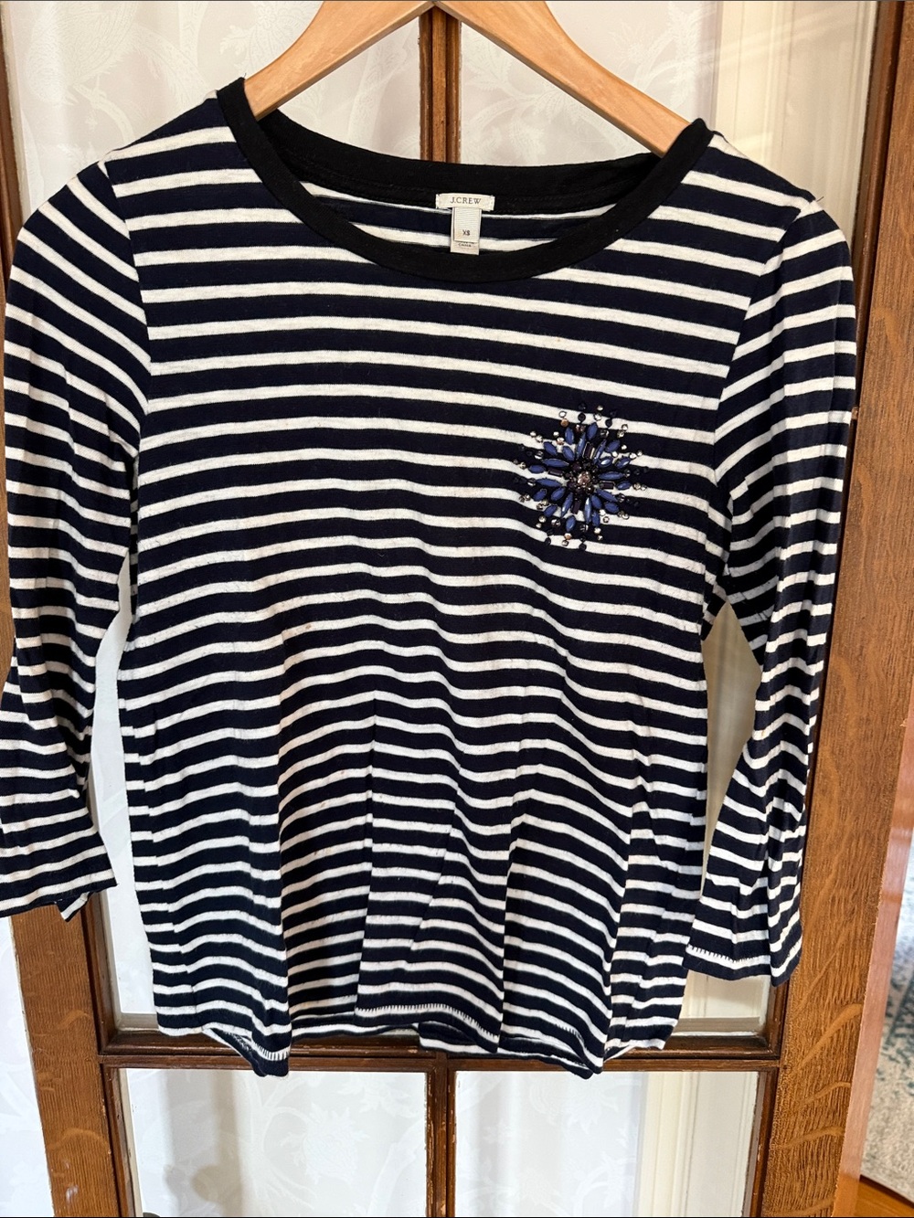 J. Crew Navy & White Striped Long-Sleeve Tee with Navy Embellishment
